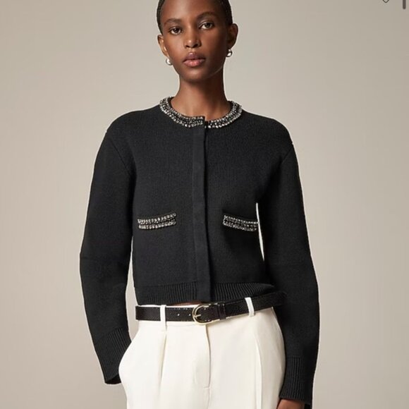 J Crew New relaxed Emilie sweater lady jacket jewel trim Womens Medium Black - Picture 9 of 9